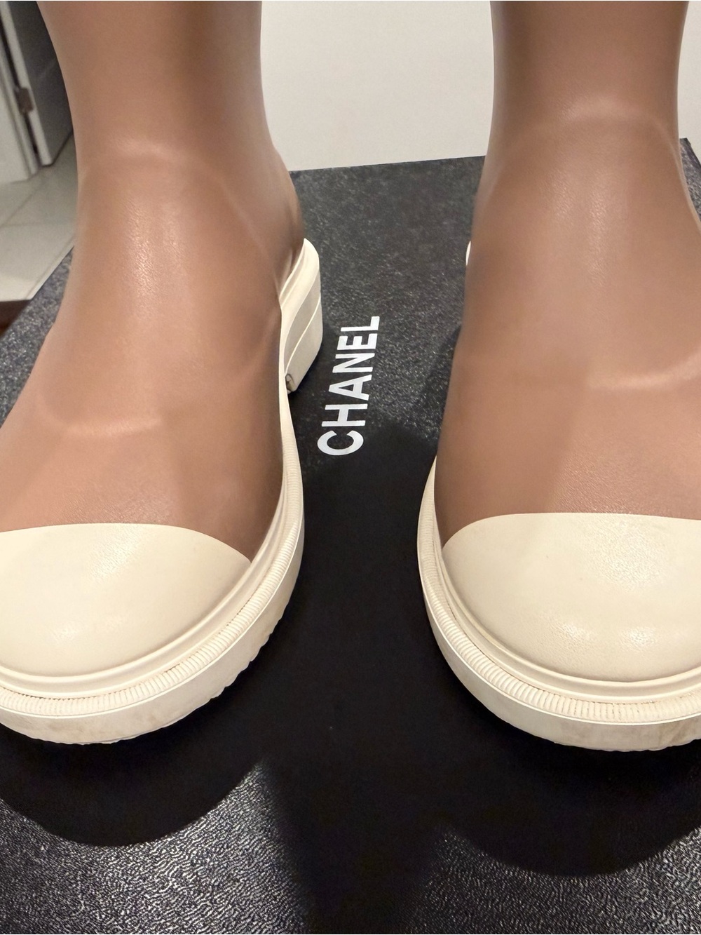 CHANEL Beige and Cream Rubber Knee-High Rain Boots with CC Logo - Picture 6 of 10